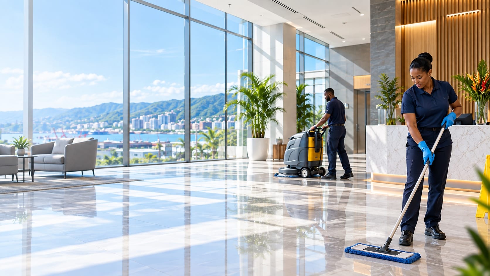 Uniformed Shine Brite cleaning professionals caring for a bright, modern commercial lobby: one mopping the polished marble floor while a colleague operates a floor scrubber.
